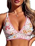 ZAFUL Women's V Neck Bikini Tops Colorblock Push Up Swimsuit Top Lace Up Criss Cross Bathing Suit Tops 0-Ditsy Floral L