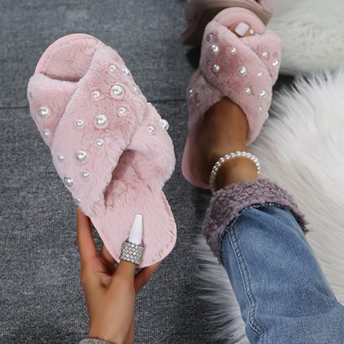 Women's Fuzzy Slippers Crossbands Fluffy House Slides Bride Slippers for Wedding Pearl Women Open Toe Comfy Slip on Memory Foam Soft Plush Furry Slipper Home Shoes Bridal Shower Gifts3