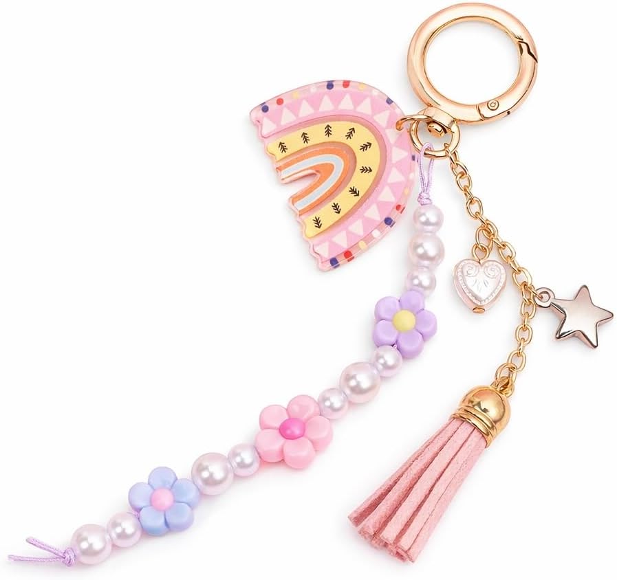 5PCS Cute Rainbow Keychain Set for Women, Colorful Bag Charm Bundle, Beaded Key Ring Gift Set for Girls image 5