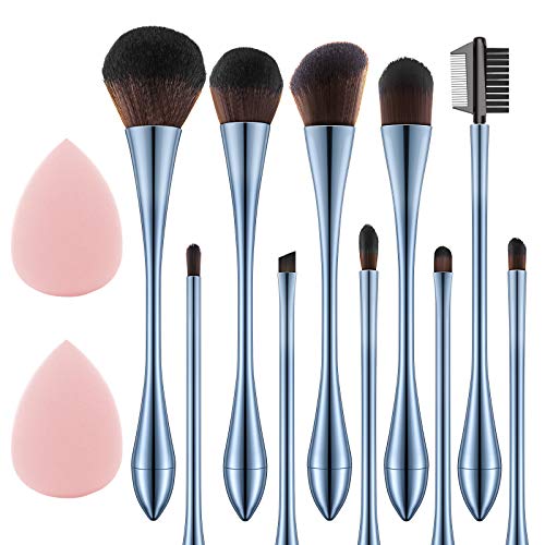 10pcs Makeup Brush Set with 2 Sponge Blenders, Eyeshadow Brushes Shader Blending, Foundation Brush Power Kabuki, Blush, and Concealer