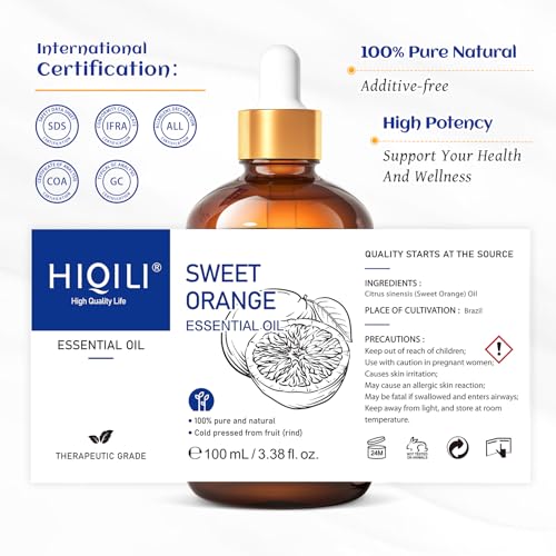 Image of HIQILI 100ML Orange Essential Oil for Air Freshener, DIY Soap, Skin Care, Can be Added to Diffusers, Dryer Balls, Lotions for Use - 3.38 Fl Oz
