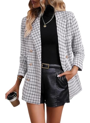 Happy Sailed Womens Plaid Tweed Blazers Dressy Casual Long Sleeve Double Breasted Open Front Blazer Jackets Work Suits