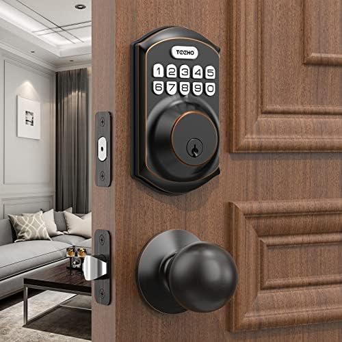 TEEHO TE001K Keyless Entry Door Lock with Handle - Electronic Keypad Deadbolt with Door Knob - Deadbolt Smart Lock for Front Door - Auto Lock - Easy Installation - Oil-Rubbed Bronze