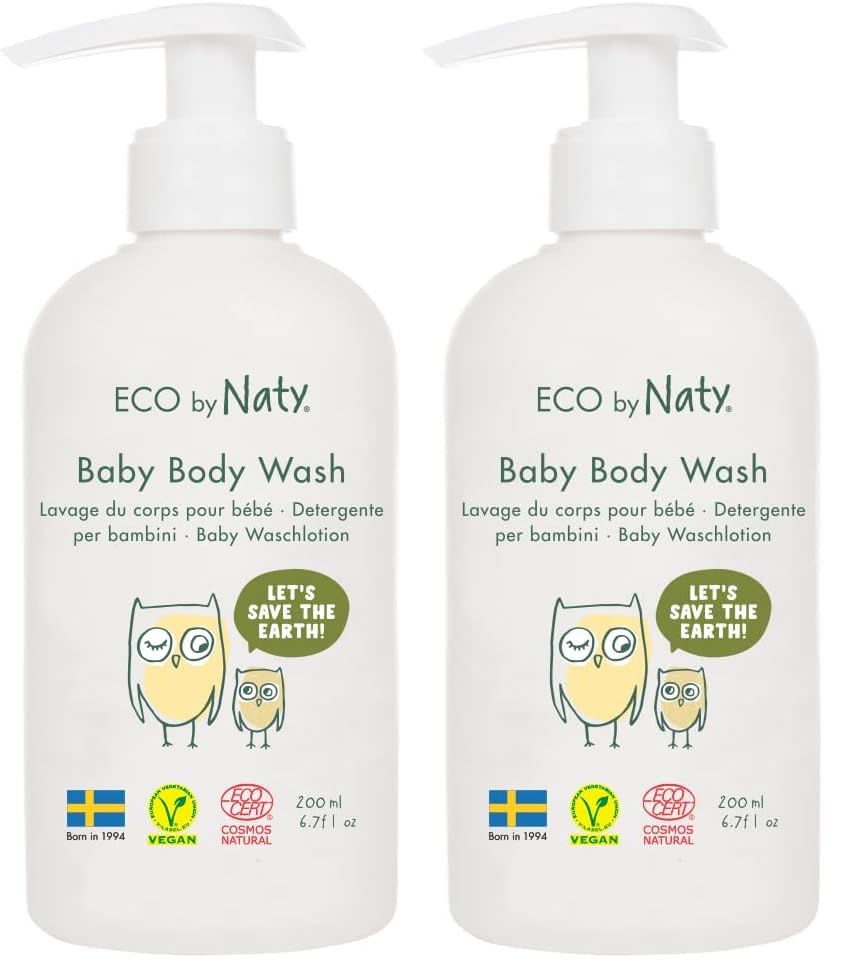 Eco by Naty, Baby Duschgel, Ökologische pflanzliche Inhaltsstoffe mit 0% Parfüm, Hypoallergen und dermatologisch getestet, 200 ml Flasche (Packung mit 2)