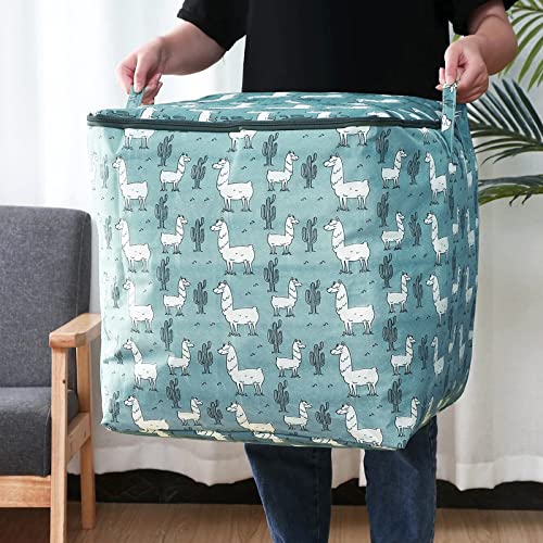 wolpin Large Quilt Storage Bag Underbed - 100 Litres | Foldable, Waterproof & Moisture-Proof Clothes, Blanket & Bedding Organizer with Zip Closure & Handles (Green, Oxford Fabric, Alpaca Design)