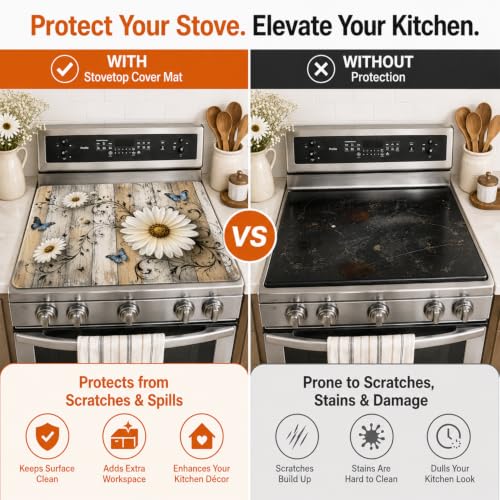 Image of Rustic Daisy Stove Top Cover, 28x20 inch Rubber Cooktop Mat