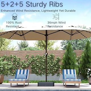 Kingdura 15ft Large Patio Umbrella with Solar Lights, Double-Sided Rectangle Lighted Outdoor Table Umbrella with Base Included, 12 Reinforced Ribs, 48 Led Lights, Crank Lift for Market Pool Deck Backyard, Beige