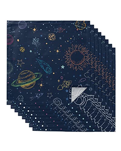 Universe Starry Sky Cloth Napkins Set Of 8, Washable Reusable Dinner Cocktail Napkin For Kitchen Party Wedding Banquet Holiday Baby Shower Table Decor Cartoon Astronaut Planet Sun Navy Blue #TOP23