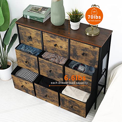Dovamy Drawer Dresser With 9 Fabric Drawers, Dresser Storage Organizer For Bedroom,Closet,Nursery And Living Room,Wide Storage Tower Unit With Steel Frame,Chest Of Drawers, Wooden Top, Rustic Brown #TOP3