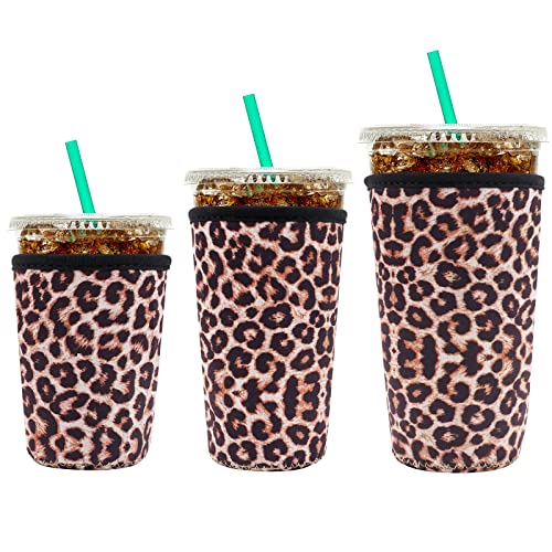 Image of YR Reusable Neoprene Insulator Sleeve for Iced Coffee Cups, 3 Pack Coffee Coolies sleeves for Iced & Hot Drinks, Cold Beverage Cooler Compatible with Starbucks Coffee and More (Leopard)