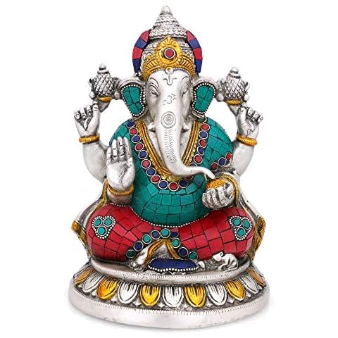 Sitting On Lotus Ganesha Brass Silver Finish Statue Hindu wedding God Ganesh Sculptures Cover