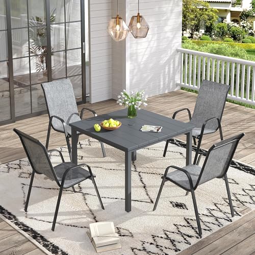 Image of VICLLAX Patio Dining Set for 4, All Weather 5-Piece Patio Set-40.2 inch Square Outdoor Table and 4 Stackable Chairs for Lawn Garden and Backyard,Grey Tabletop
