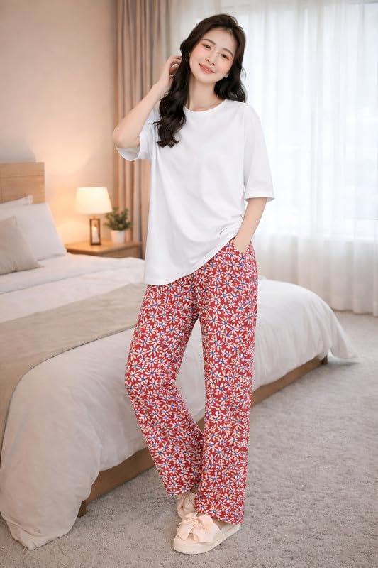 Image of KSHS Printed Round Neck Short Sleeve Nightsuit Set | Pajama Set | Casual Night Dress for Women
