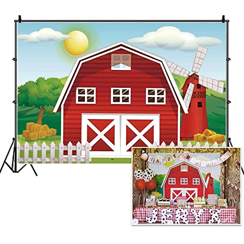 Haoyiyi 10X8Ft Happy Birthday Background Cartoon Red Barn Farm Green Grass Trees Fence House Wildmill Backdrop Photography Photo 1St First Princess Favors Party Photo Booth Studio Prop #TOP1