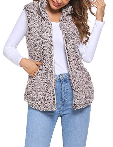 Beyove Women's Warm Sherpa Fleece Zip Up Vest Sleeveless Lightweight Open Front Jacket Outwear with Pockets Coffe XL