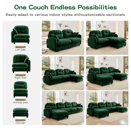 Image of KEIKI 107 inch U-Shaped Oversized Chenille Modular Sectional Sofa with 2 Ottoman, High-Density Foam Cushions, Tufted Pleated Cushion Backrest, Modern 3-Seater Couch with 2 Pillow, for Living Room, Green