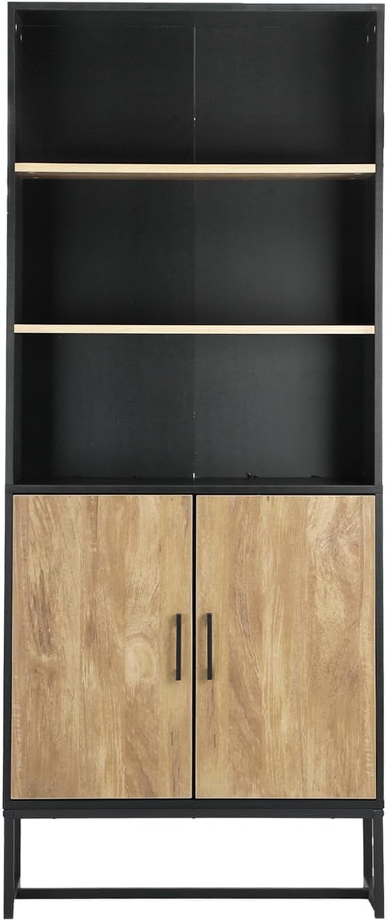 Display Cabinet with Matal Base and Handler, 5-Tier Bookshelf Storage Cabinet with 2 Door Cabinet