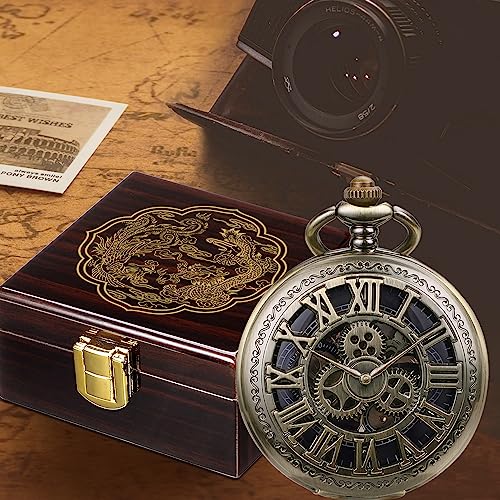Image of SIBOSUN Pocket Watch Skeleton Mechanical Double Case Hand-Wind Bronze Roman Numerals Antique Chain Mens