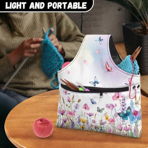 Image of ZUXONGSY Wildflower Yarn Storage Bag for Women Butterfly Knitting Project Bag Vintage Knit Wrist Bag Lightweight Crochet Organizers and Storage