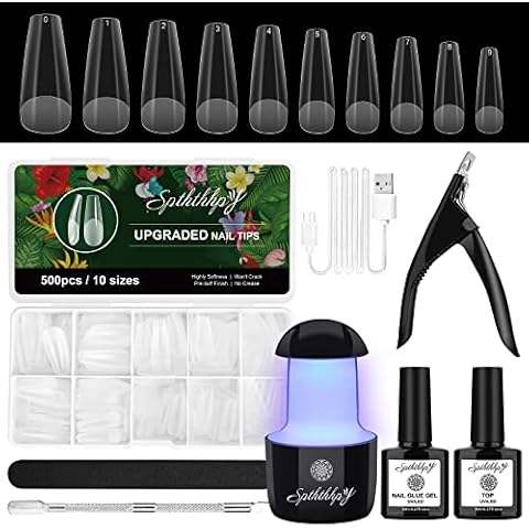 SPTHTHHPY Acrylic Nail Extension Kit - 500 Pcs (10 Sizes) Full Cover Clear False Coffin Nails Tips - with 8W Portable LED Nail Lamp, 4 in 1 Nail Glue and Top Coat - Nail Art DIY at Home Cover