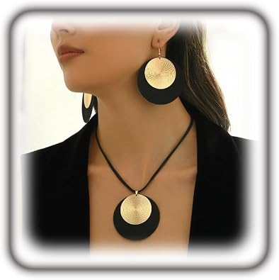 Gold Disc Pendant Necklace Earrings Set Leather Cord Black Circle Statement Necklaces Geometric Textured Medallion Jewelry For Women Party Fashion