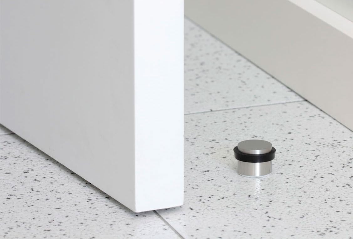EVI Herrajes | Adhesive Door Stopper - Solid Stainless Steel - Black Rubber Protector - W=0.94 x H=0.79 Inch Door Stop