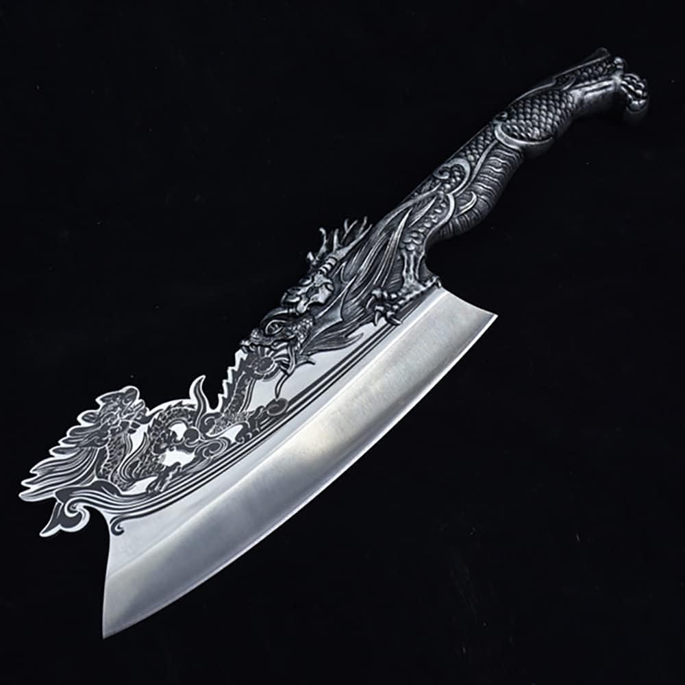 Meat Cleaver Knife, 9.3 Inch Machete Longquan Big Chop Knife 7Cr17MoV Hand Forged Dragon Decor Alloy Handle Kitchen Heavy Butcher Knife ( Color : Silver Dragon , Size : 9.3 inch )