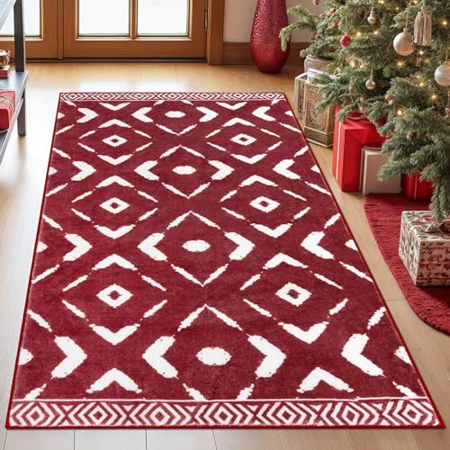 KILOCOCO Boho Entryway Rug 3x5 Red Area Rug Christmas Printed Washable Rugs Non Slip Soft Throw Rugs for Kitchen Living Room Dining Bedroom Geometric Moroccan Carpet