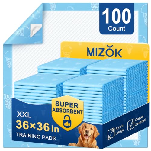 Image of MIZOK Dog Pee Pads 36x36in Jumbo Dog Pads Super Absorbent Up to 11 Cups Marine Scented Odor-Control Pee Pads with Jellyfish Pattern, Quick Dry & Leak-Proof (100 Counts)
