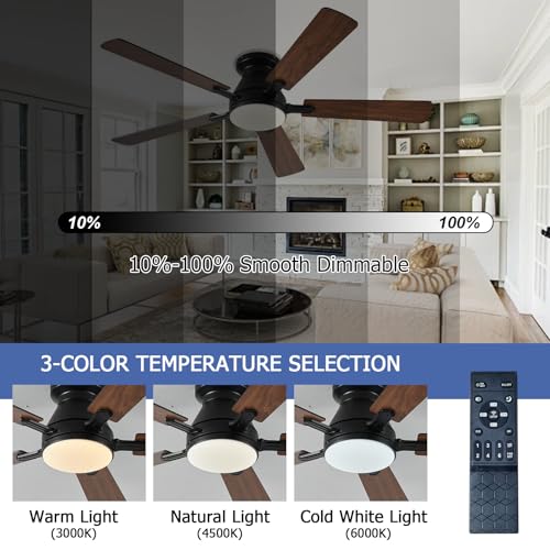 Image of Ayaoty 54 inch Ceiling Fans with Lights and Remote, Low Profile Ceiling Fan with Light, Flush Mount, Reversible, 3CCT, Dimmable, Noiseless, White Ceiling Fan for Bedroom, Indoor /Outdoor Use