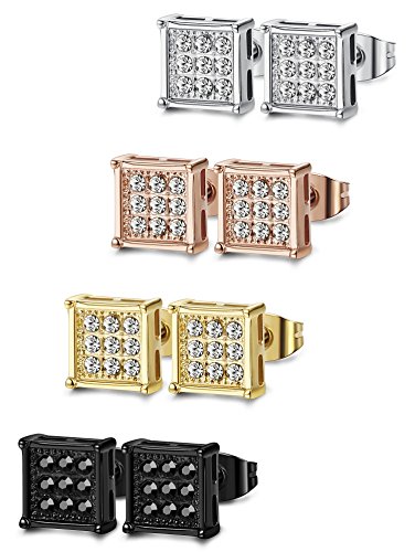 FIBO STEEL 4 Pairs Stainless Steel Stud Earrings for Men Women Square CZ Earrings,6-8MM (E: 4 Colors 7mm)