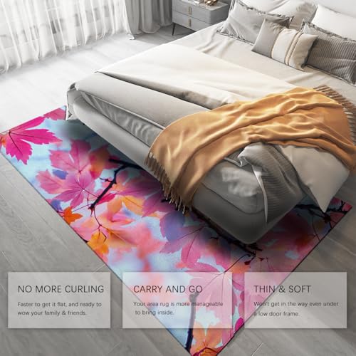 Tapis 60x120cm Lavable Rose Feuilles d'Érable - Salon & Descente de Lit - 5