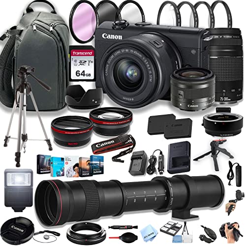 Canon EOS M200 Mirrorless Digital Camera with 15-45mm f/3.5-6.3 is STM Lens + 75-300mm F/4-5.6 III Lens + 420-800mm Super Telephoto Lens + 64GB Memory Card, Professional Photo Bundle (44pc)