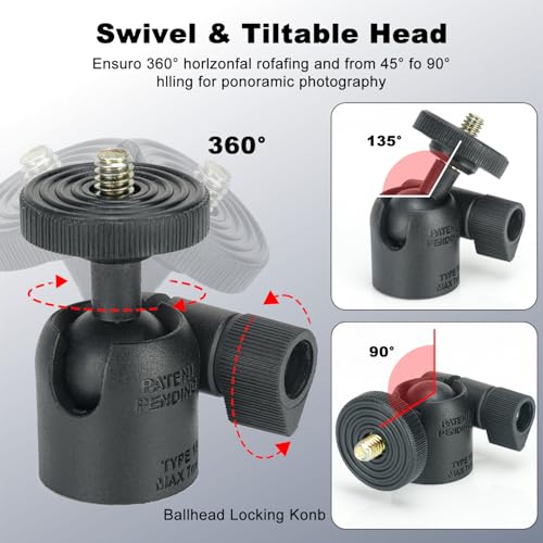 Koolehaoda Adapter do statywu do telefonu komórkowego z uniwersalną obrotową mini głowicą kulową 1/4", obrotowy o 360°, regulowany uchwyt zaciskowy do telefonu komórkowego i smartfona