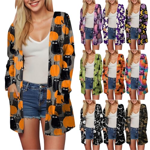 Halloween Cardigan for Women 2025 Pumpkin Print Tunic Shirt Spooky Season Lightweight Long Sleeve Cardigans4