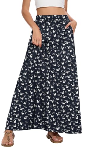 Image of Womens Maxi A-line Long Skirt Casual 2026 Elastic High Waist Flowy Skirts with Pockets