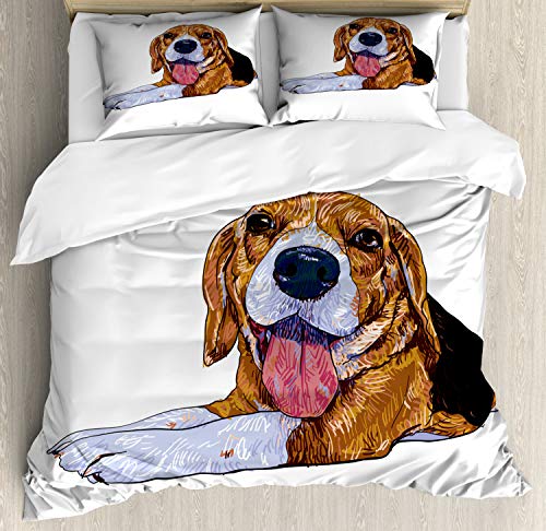 Ambesonne Beagle Duvet Cover Set, Close Up of a Friendly Dog Tongue Out Sketch of Animal Pattern, Decorative 3 Piece Bedding Set with 2 Pillow Shams, California King, Sand Brown Charcoal Grey