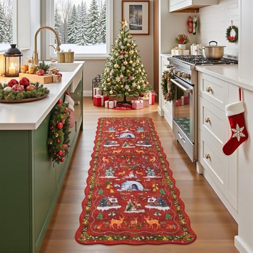 Christmas Runner Rug 2x6 Scalloped Runners for Hallways, Red Kitchen Rugs Non-Slip Washable Entryway Bathroom Rugs, Holiday Tree Snow Winter Xmas Floor Carpet for Hall Bedroom