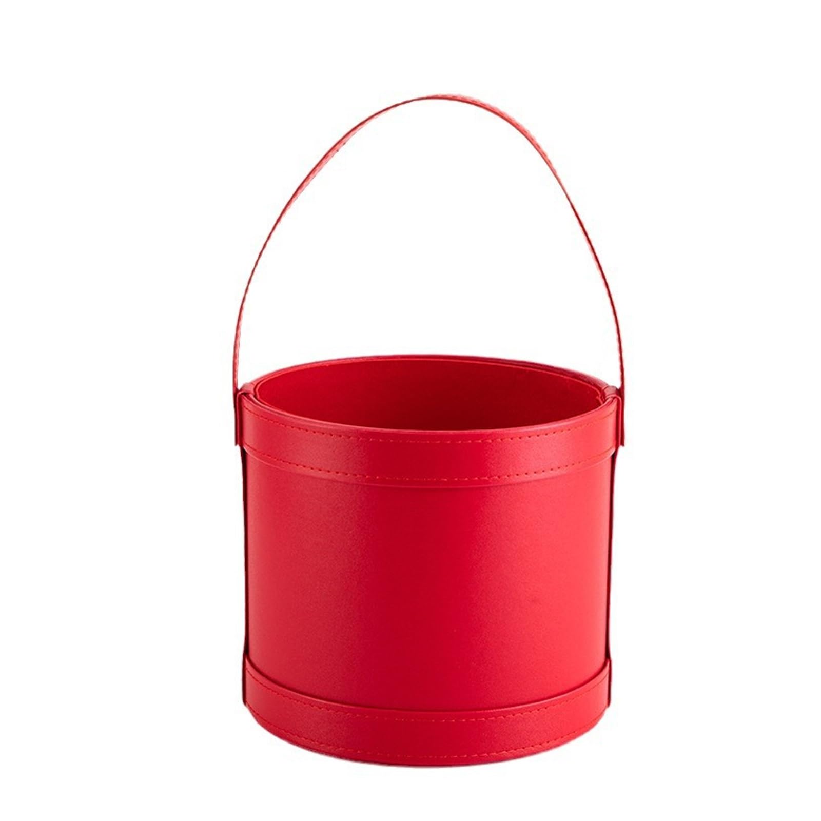 carotoe Fashionable Round Shape Flower Bucket Leather Gift Packaging Box with Carrying Handle Handbag Flower Holder
