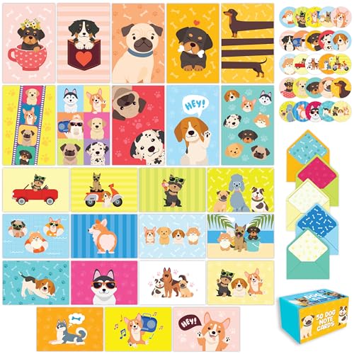 Decorably 50 Pack 6x4in Dog Note Cards with Envelopes and Stickers, 25 Adorable Designs for Friends,...