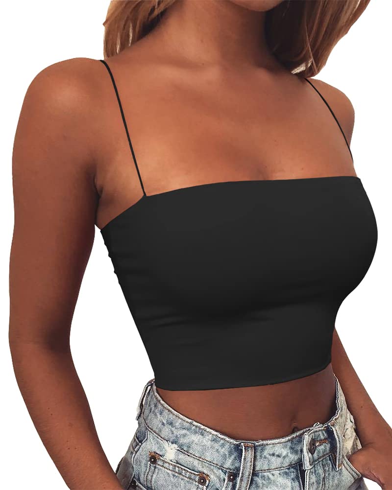 (Size S) Artfish Women's Sexy Spaghetti Strap Camisole Tube Slim Fitted Basic Cami Crop Top