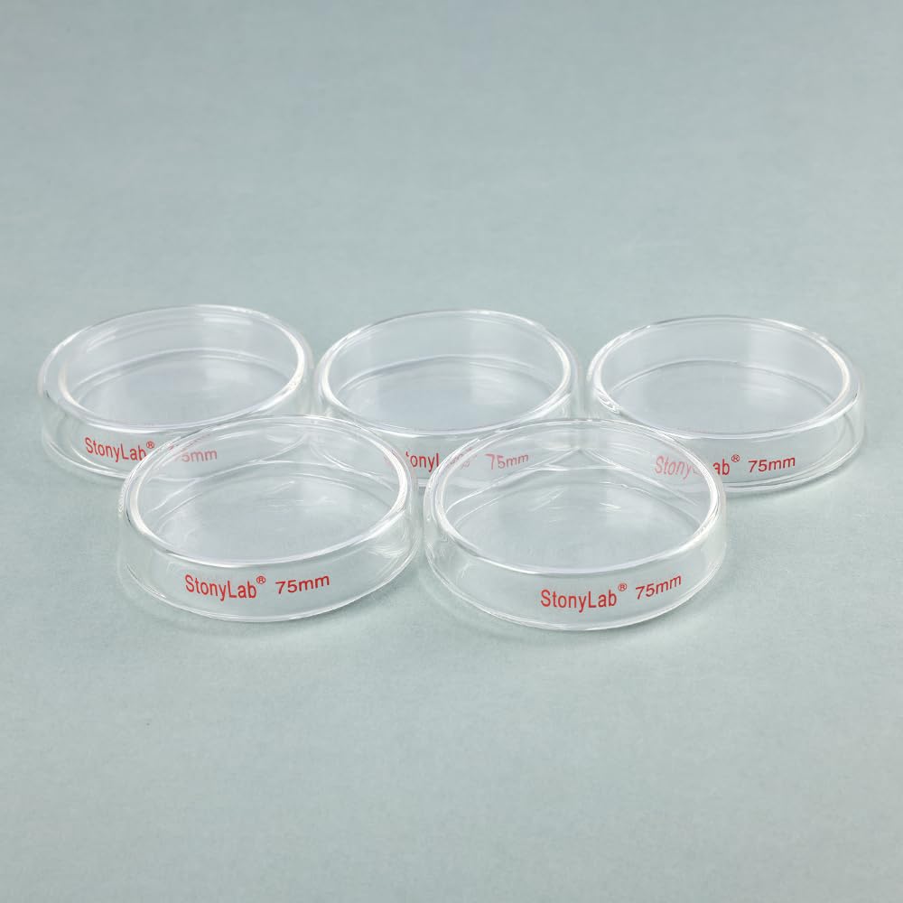 stonylab Boîte de Pétri en Verre avec Couvercle, Paquet de 5 Boîtes de Culture Cellulaire en Verre Borosilicaté Boîte de Pétri Autoclavable Transparente pour Laboratoire, 75x15 mm