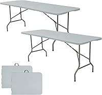 Vista 11 de HAISIWLKJ Mesa plegable de 8 pies, mesa de camping portátil de plástico resistente, rectangular, mesa de comedor al aire libre, patas de acero Blanco