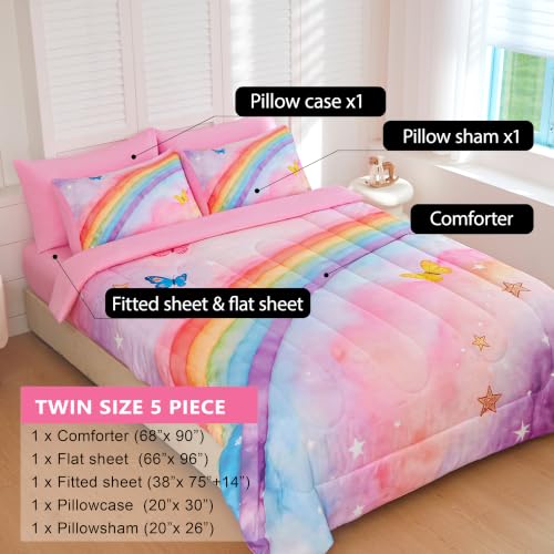 Image of Twin Comforter Set for Girls 5 Piece Pink Rainbow Bedding Set for Girls Super Soft Microfiber Bed Set Bed in a Bag with Comforter Sheets Pillowcase & Sham (5 Piece Twin Size)