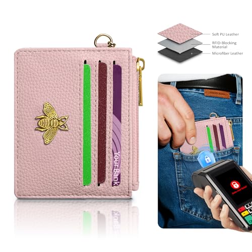 Image of SEAVILIA Card Holder Keychain Wallet for Women with ID Window RFID Coin Purse Bee Gifts Slim Minimalist Small Wallet