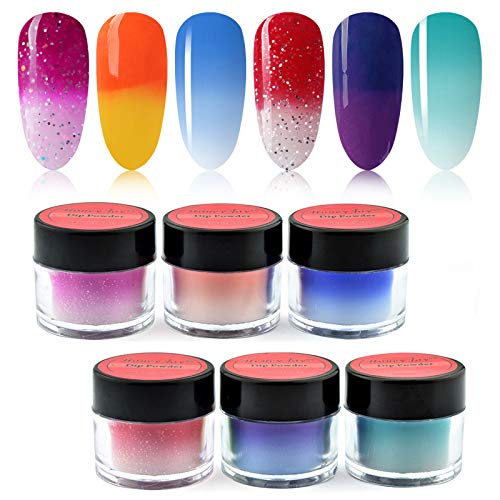 6 Box / Set Temperature Mood Changing Colors Fine Dipping Powder Dip Powder Color Collection, Sun Orange/Yellow, Rose Pink/White Glitter, Green Blue Purple (W-6-12-8-2-1-11-10g/box)