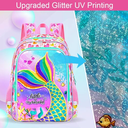 Image of 3Pcs Mermaid Backpack for Girls, 16 inch Kids Bookbag Set with Lunch Box,School Backpacks for Elementary Preschool Kindergarten (Rainbow)