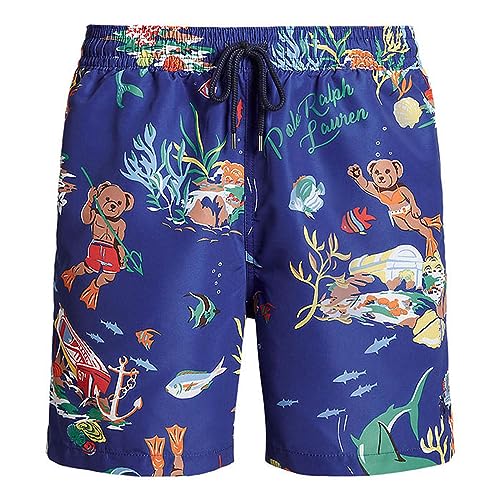 POLO RALPH LAUREN 5.75-Inch Traveler Polo Bear Print Classic Polo Mens Swim Trunk Leagues below Bathing Suit Blue