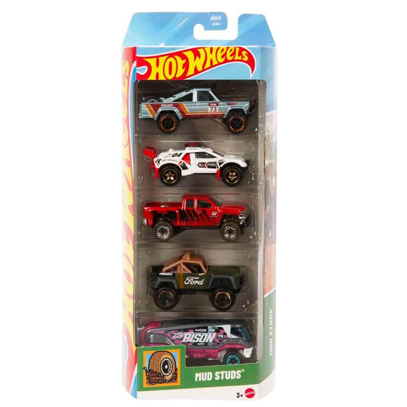 Image of Hot Wheels Car 2026 Mud Studs Pack of 5 (Sand Burner, Chevy Silverado, 73 Jeep J10, Custom Ford Bronco, Baja Bison T5) Multi - Color