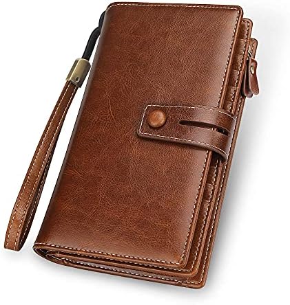 FT FUNTOR Women's Big Fat RFID Blocking Wallet Leather Zip Around Clutch Large Purse Phone Organizer Wristlet brown